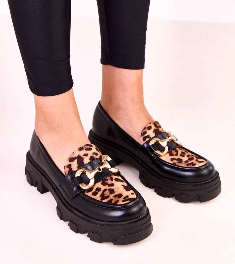 Mocasini negri cu accent leopard și ornament auriu Ruben