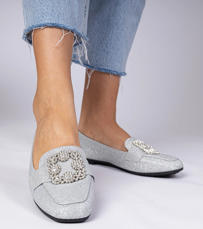 Mocasini argintii cu sclipici și zirconii Sawelia