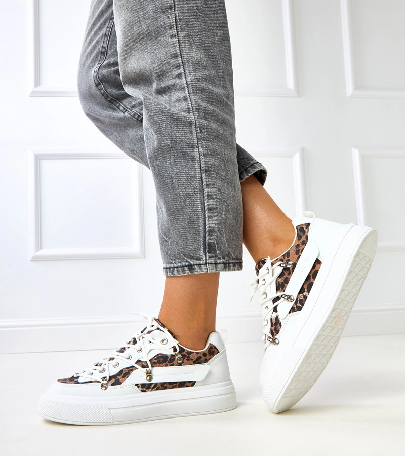 Adidași albi pe platformă cu motiv leopard Felizia