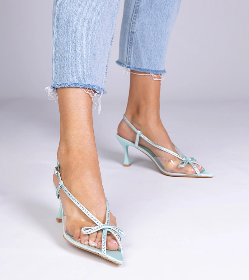 Sandale verzi transparente cu toc cui și pietre Kloksi