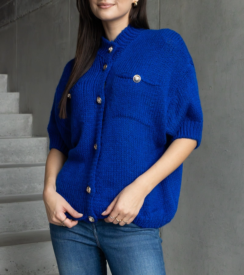 Pulover albastru pentru femei cu mânecă scurtă și nasturi decorativi Shela