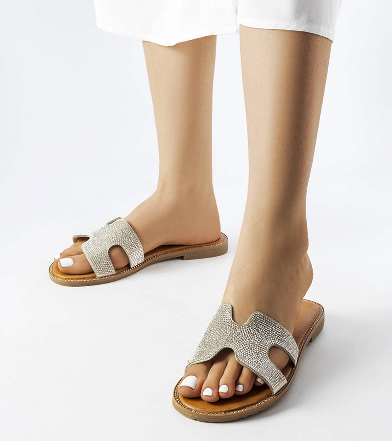 Șlapi argintii cu talpă din piele Lazure