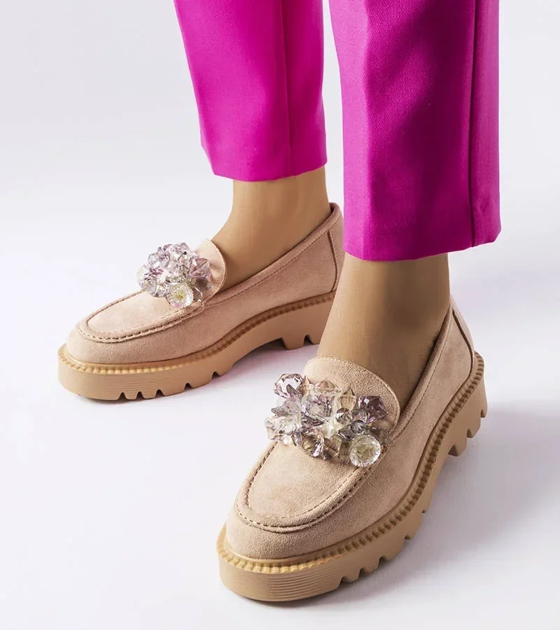 Mocasini bej înfrumusețați cu cristale Vinceza