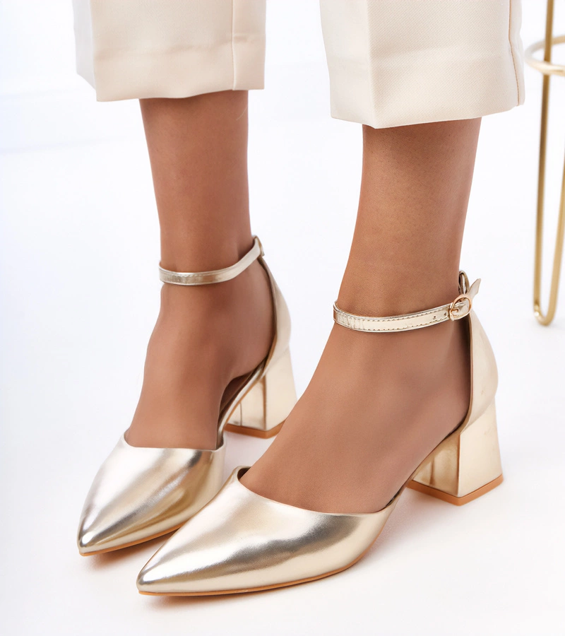 Pantofi aurii cu toc gros cu bareta pe gleznă Keris
