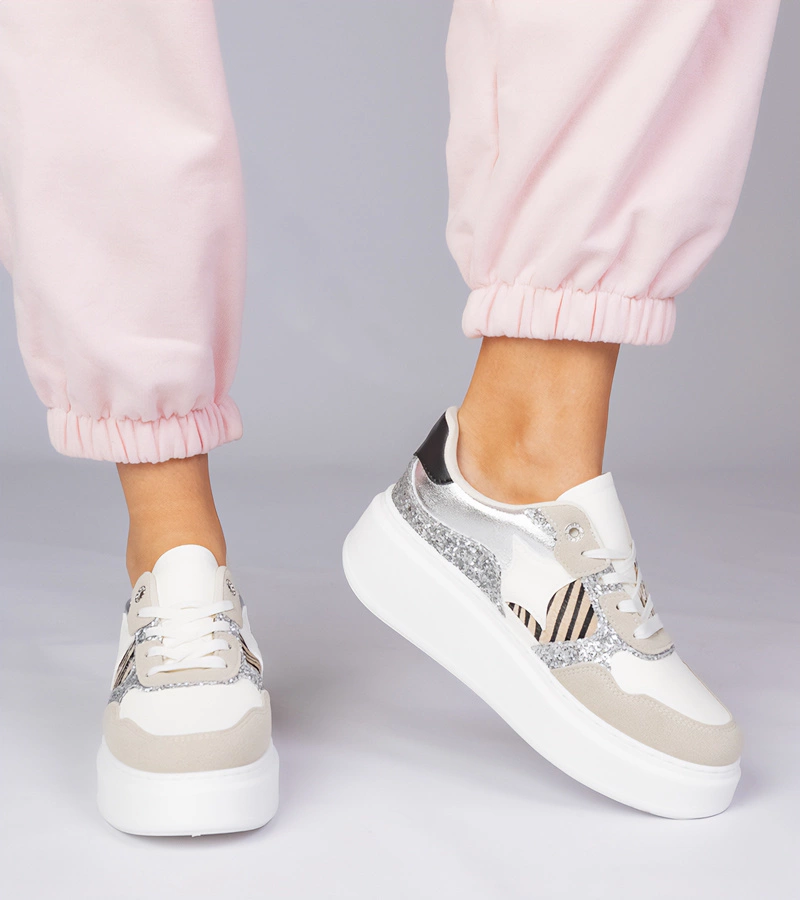 Adidași bej cu sclipici și imprimeu animal Bertula