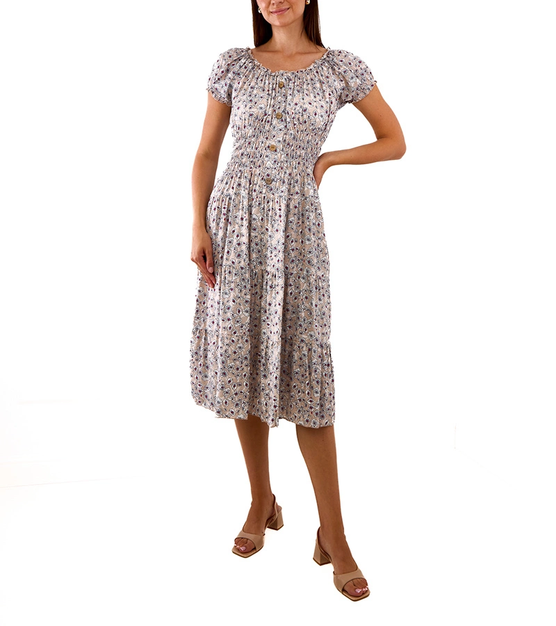 Rochie midi bej cu flori Eloize