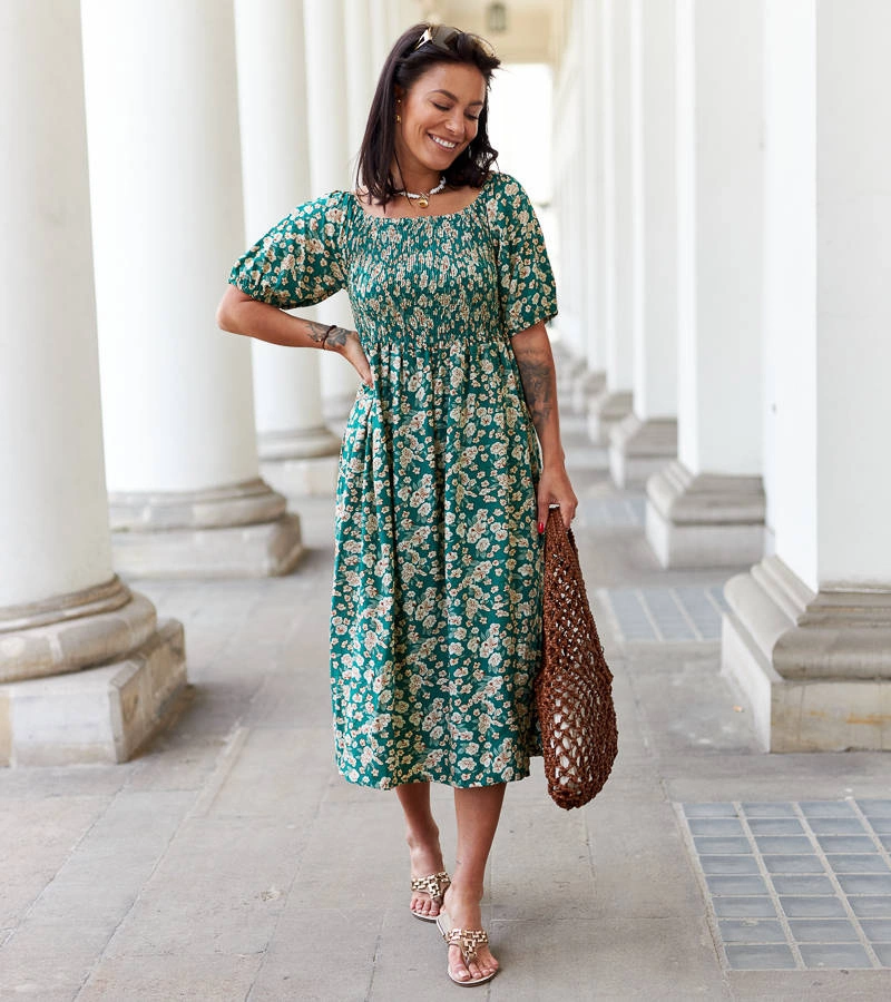 Rochie midi verde cu flori Cocci