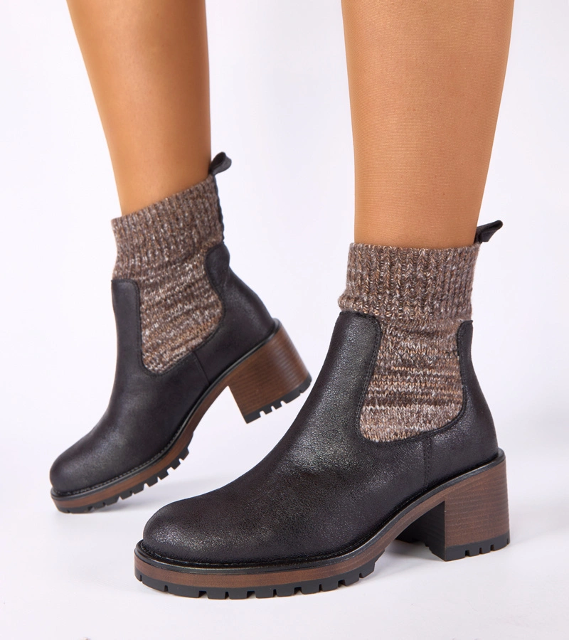 Botine negre cu toc gros și partea superioară tip șosetă Lisa