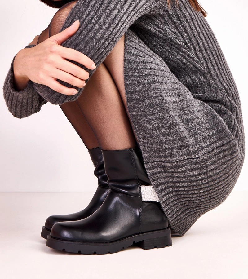 Botine negre de damă cu decorațiune cu zirconiu Elisana