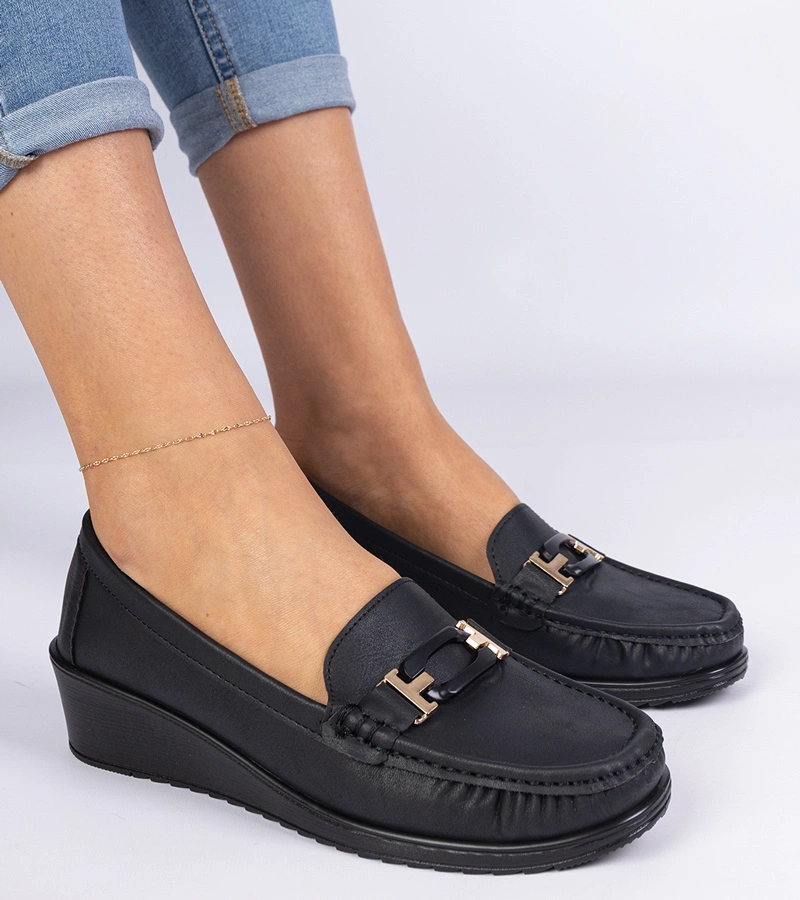 Mocasini negri de damă pe platformă din piele ecologică Kappi