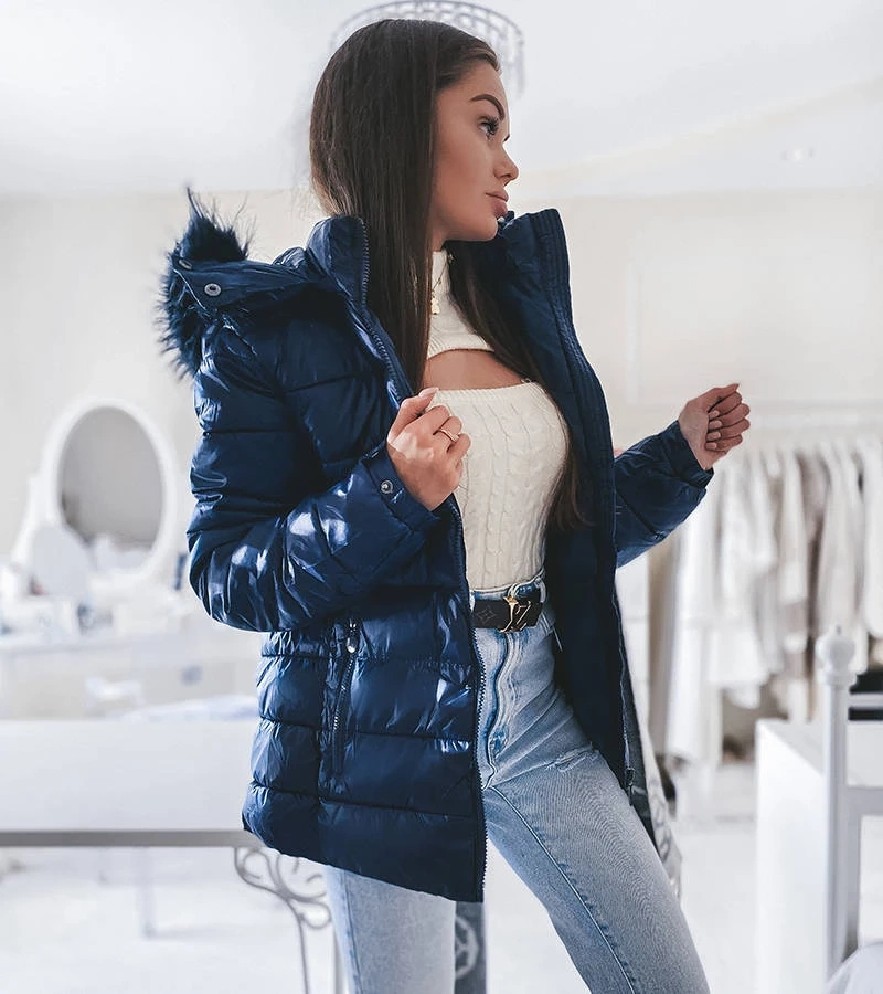 Jachetă albastru marin cu glugă din blană Poisson