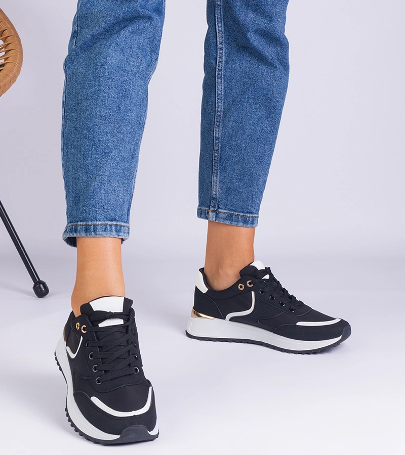 Adidași negri de damă cu inserție aurie Ezela