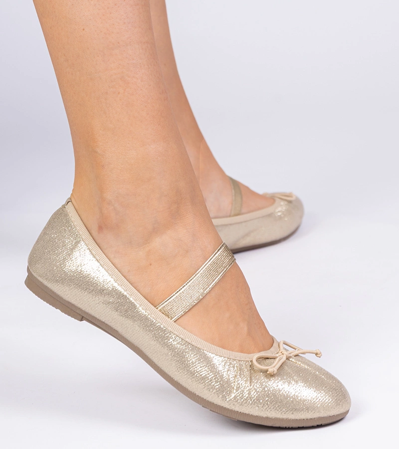Balerini aurii de damă cu fundiță pe elastic Lerona