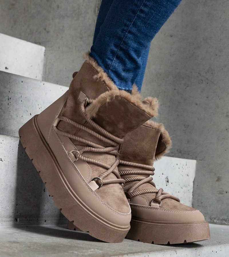 Cizme de zăpadă bej închis pe platformă, îmblănite Andra