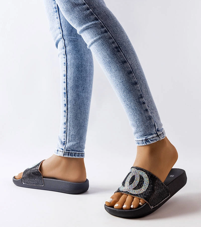 Șlapi negri înfrumusețați cu zirconii Glendale