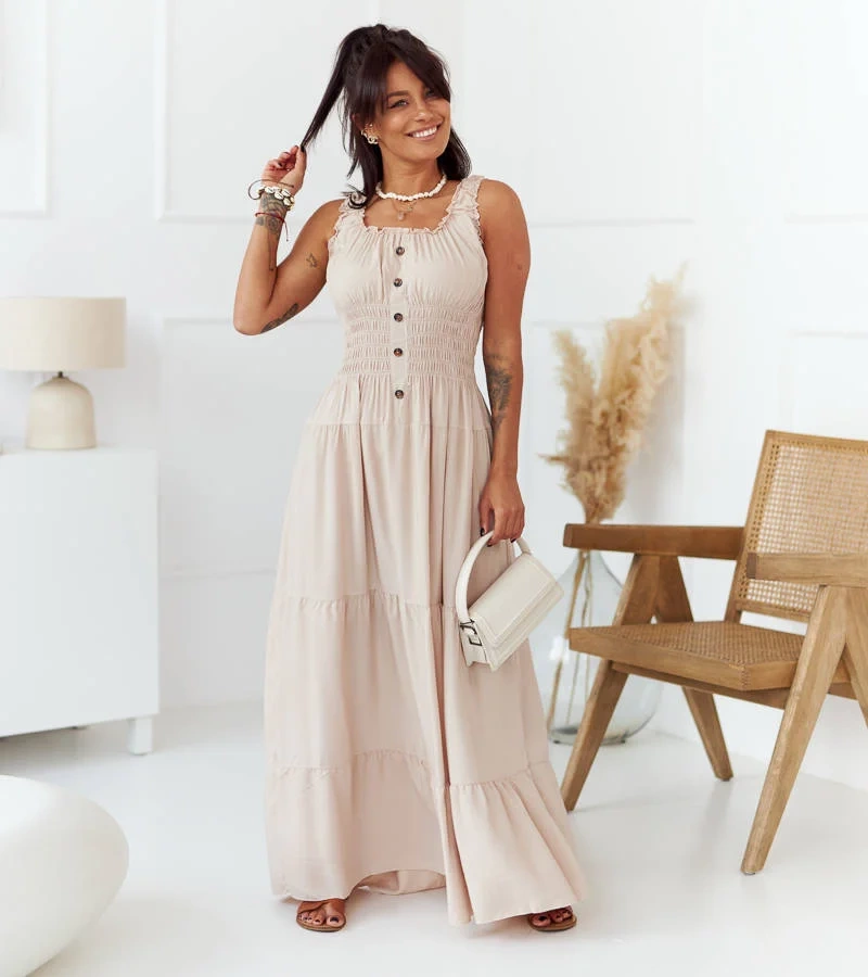 Rochie maxi fără bretele bej de Hildi