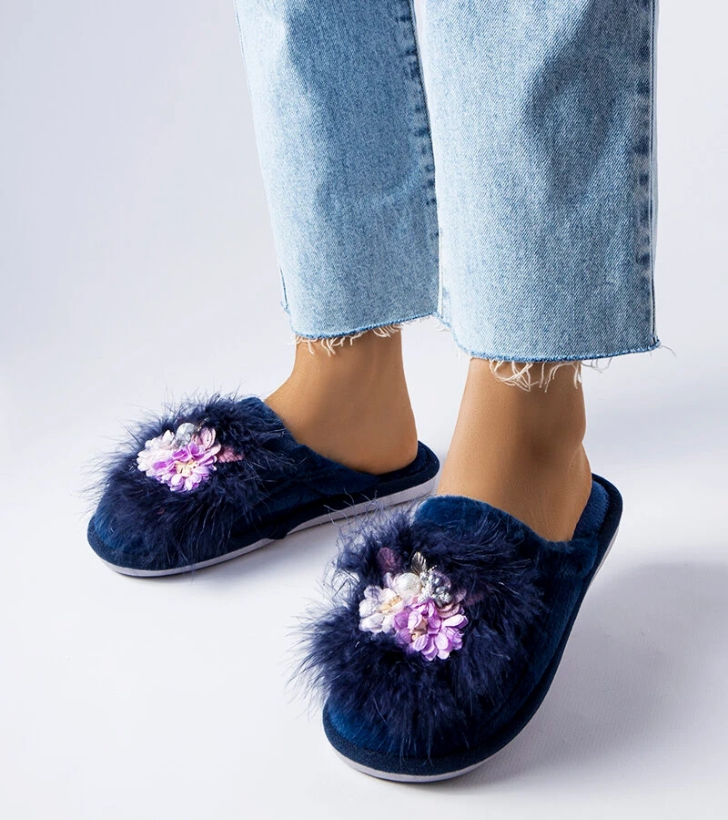 Albastru marin papuci calzi cu flori Moly