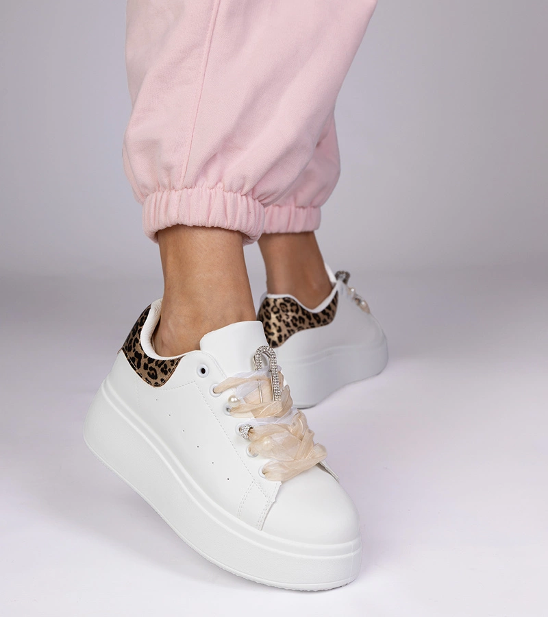 Pantofi sport albi cu inserție de leopard și cristale Floura