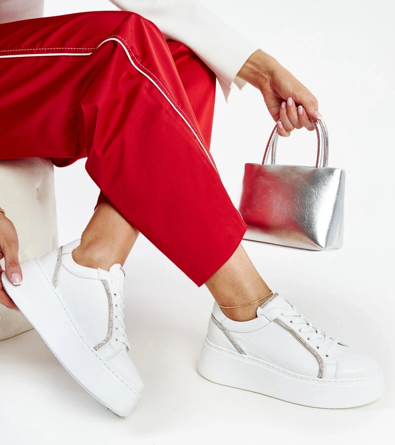 Sneakers albi din piele cu zirconii Karino