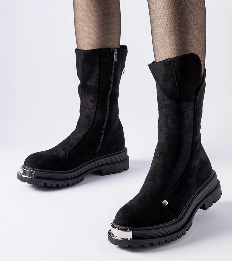 Botine negre căptușite cu vârf decorativ Bologna