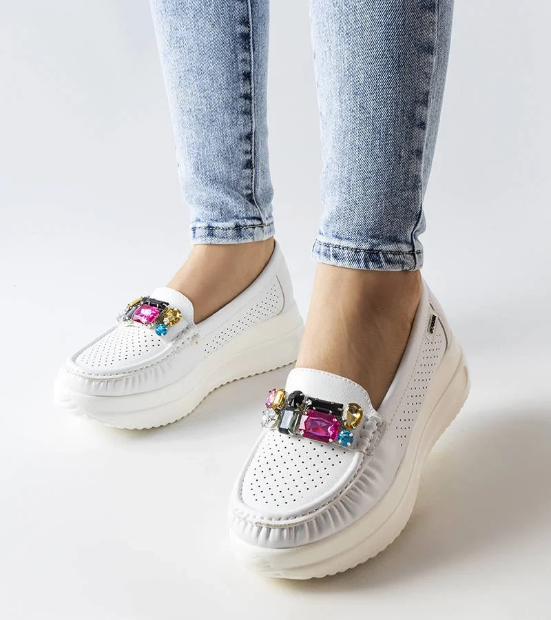 Mocasini albi cu cristale Gisella