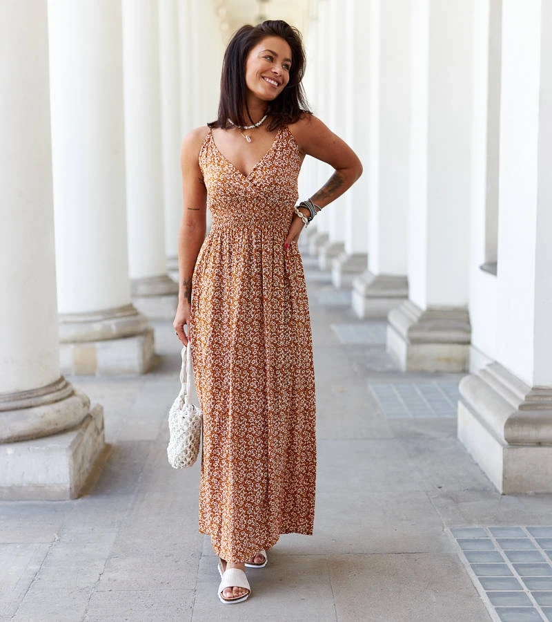 Rochie maxi florală portocalie Esperia