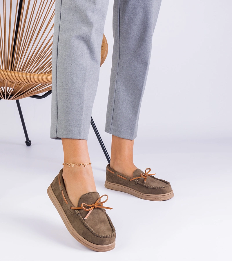 Mocasini verzi de damă din piele ecologică întoarsă cu fundiță Sarina