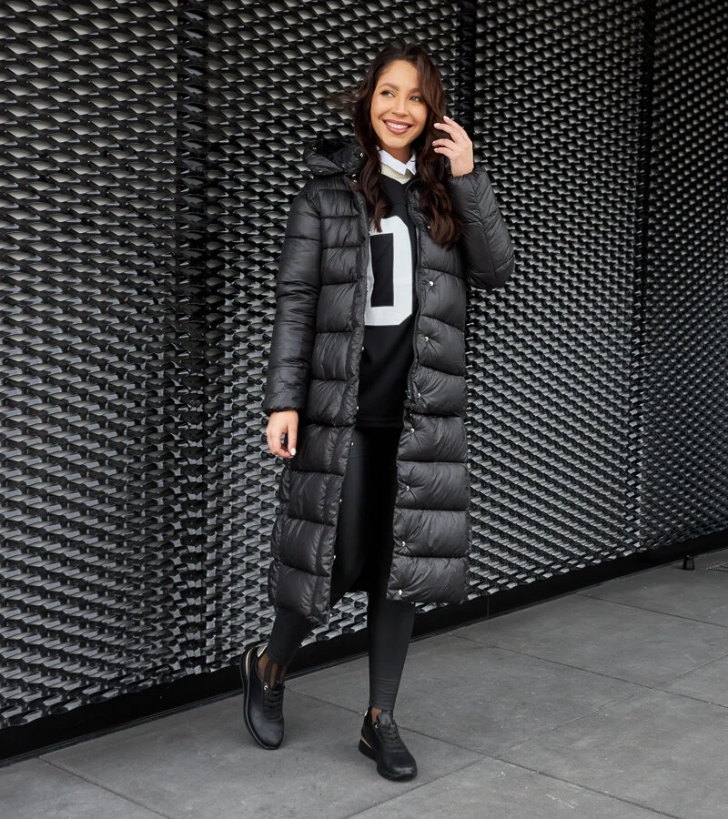 Jachetă neagră lungă cu glugă detașabilă Fela MV-892/01 NEGRU