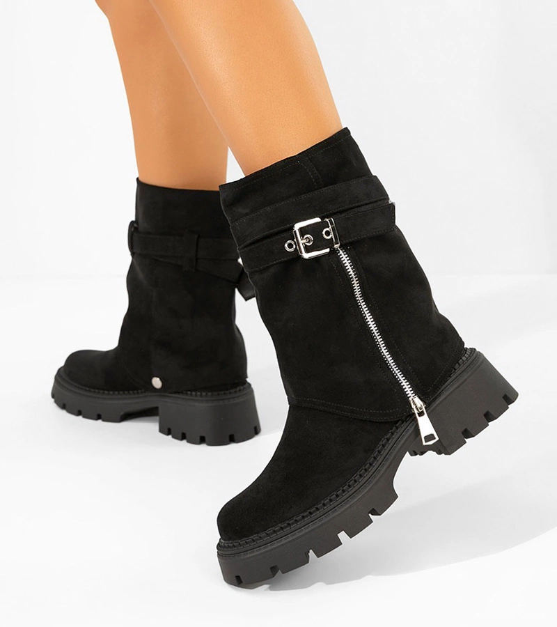 Botine negre cu partea superioară detașabilă cu fermoar decorativ Edna