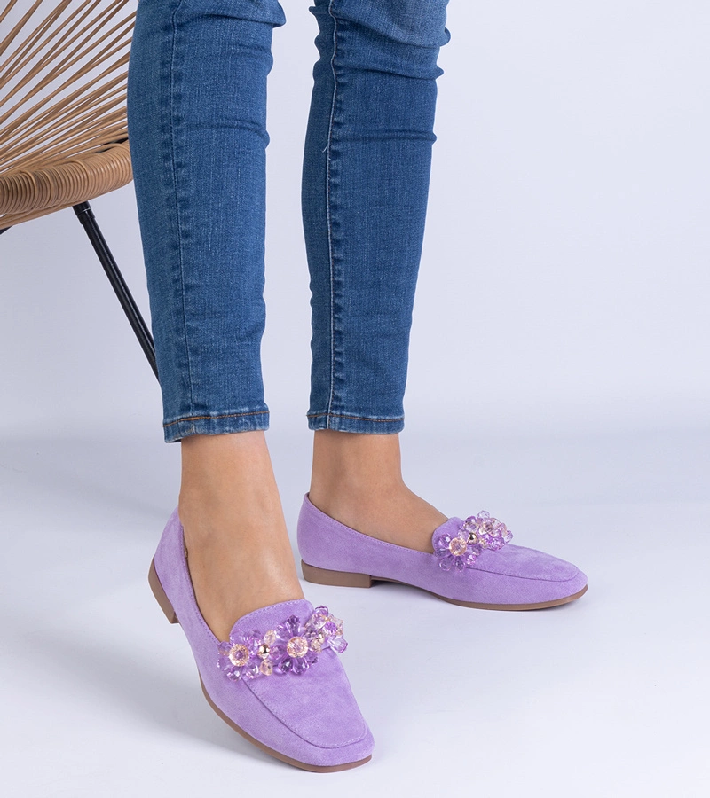 Mocasini violet din piele ecologică întoarsă cu cristale Leviola