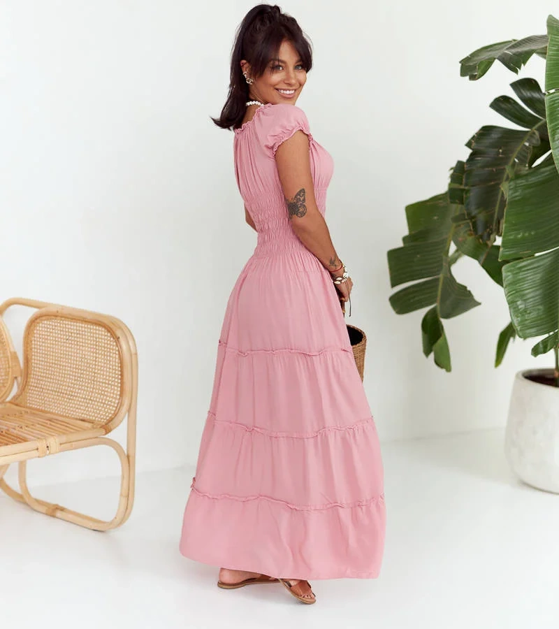 Rochie maxi roz cu pliuri Elenna