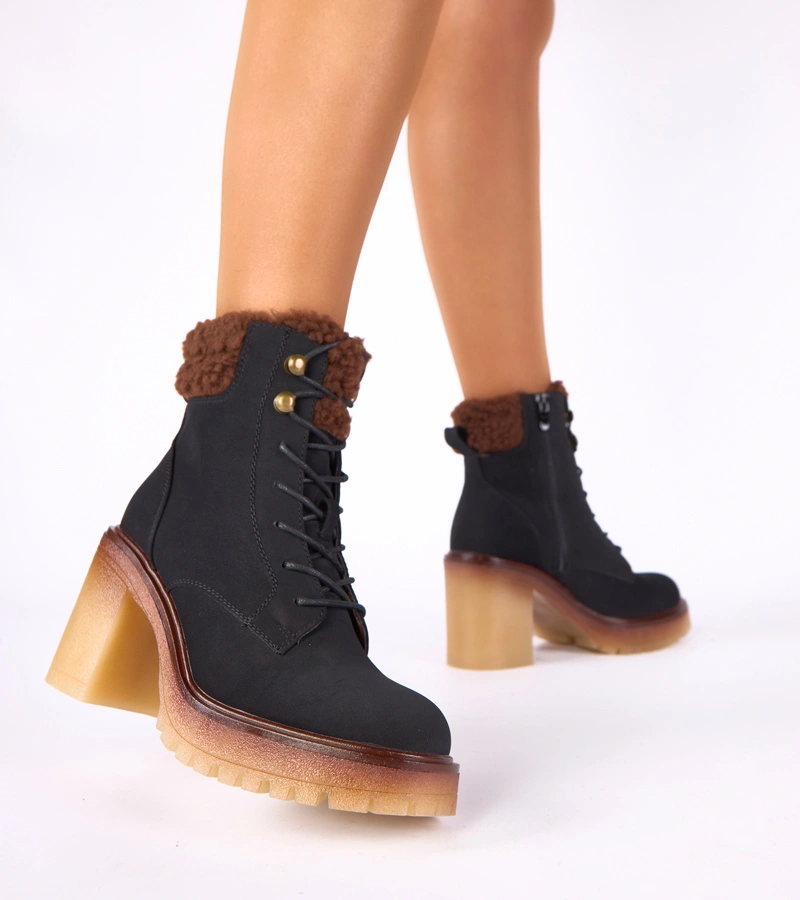 Botine negre cu toc gros cu blăniță pe șaft Alona