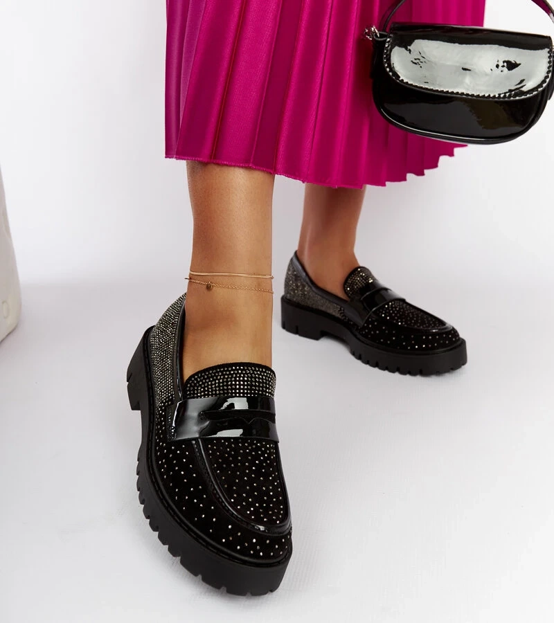 Mocasini negri Newport decorați cu strasuri