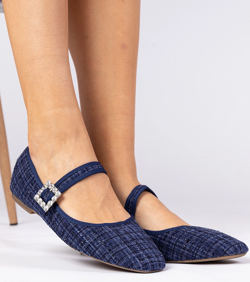 Balerini damă albaștri cu cataramă și cristale Piona