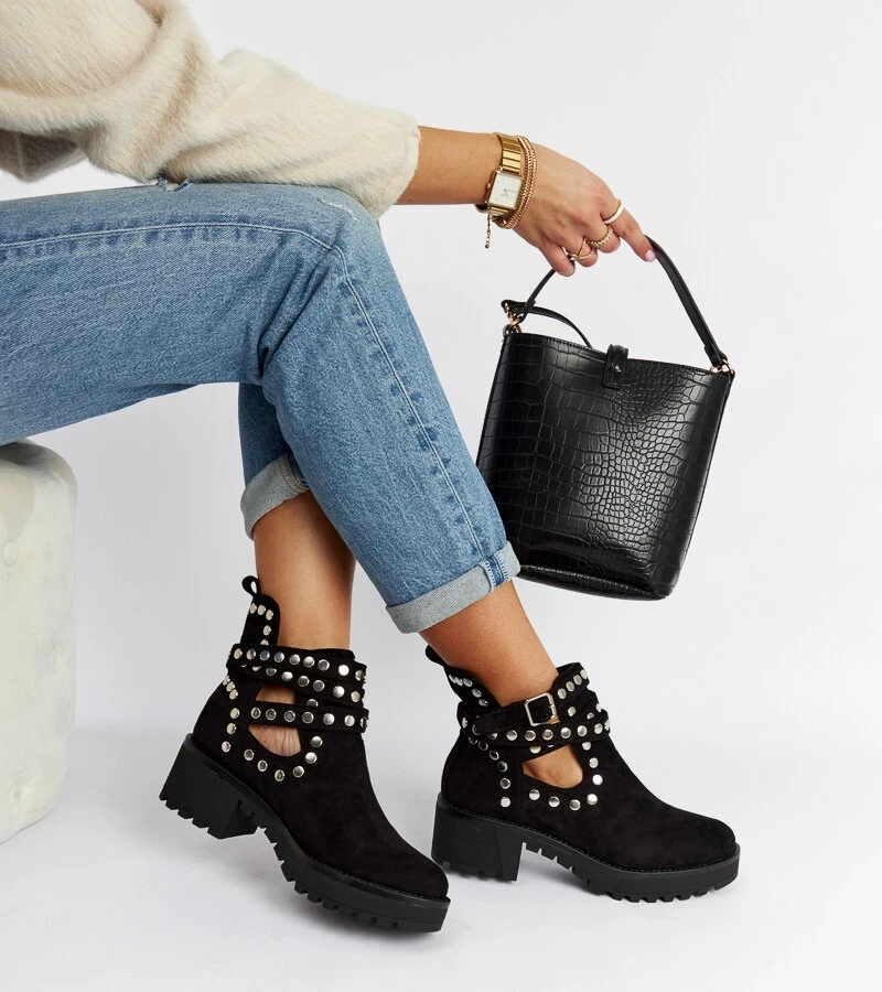 Bocanci negri decorativi cu toc Thomas