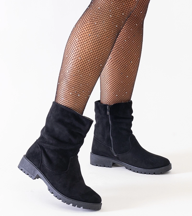 Botine negre plisate din eko-velur Hinda