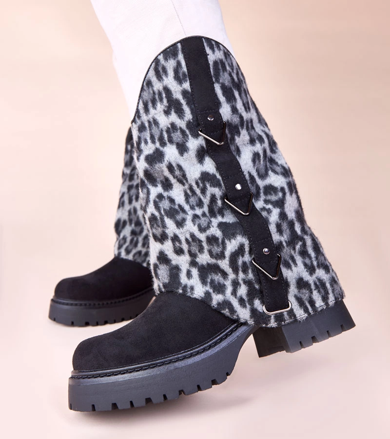 Ghete negre cu gambă întoarsă cu model de leopard Kaylia