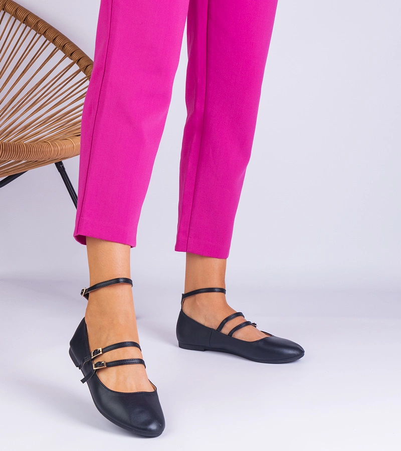 Balerini negri din piele ecologică cu catarame Vitoldora