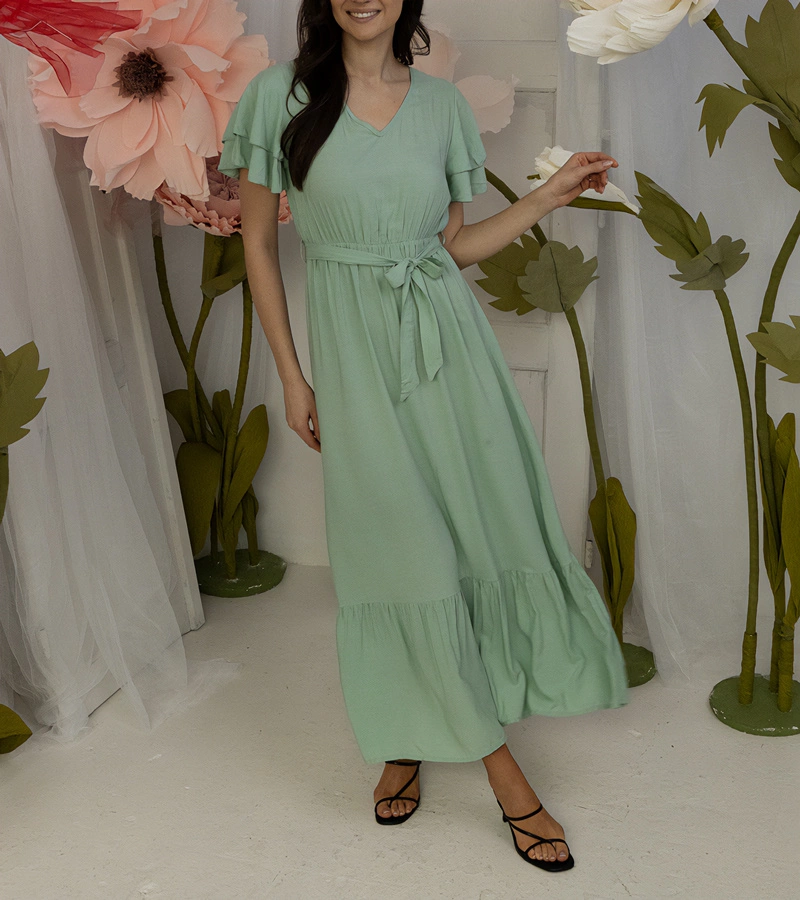 Rochie verde maxi Akina cu manecă scurtă