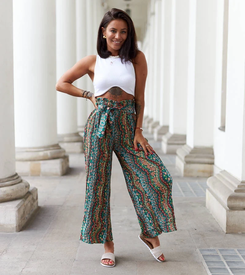 Pantaloni cu pliuri largi verzi Archimede