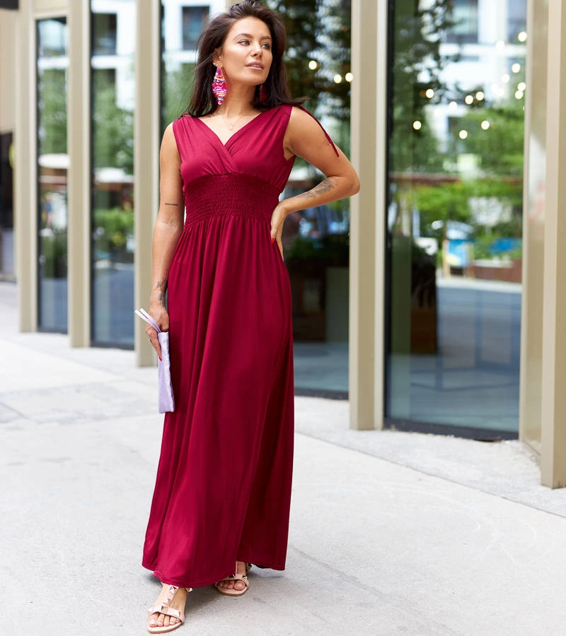 Rochie maxi maro cu pliuri Petrona