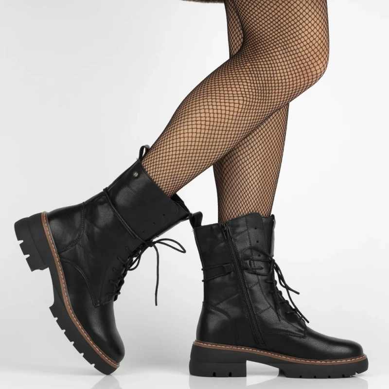 Ghete negre din piele naturală cu inserție maro Shani