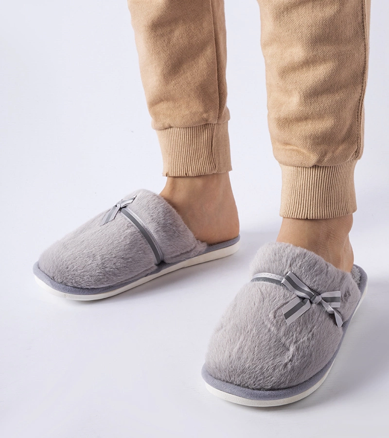 Pantofi de casă gri călduroși cu fundiță Antonino