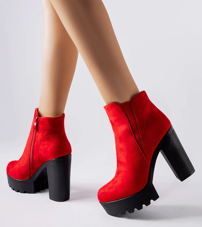 Botine roșii cu toc din eko-suede Indiprete