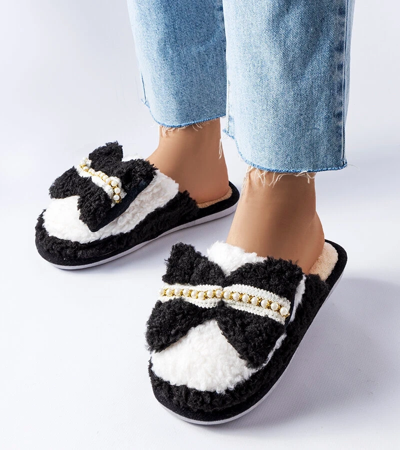 Papuci de casă alb-negru cu fundiță Bow