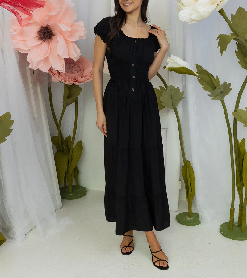 Rochie maxi neagră cu mânecă scurtă Cinaglia