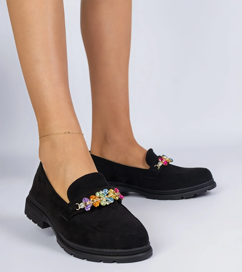 Mocasini negri de damă decorați cu pietre Liliana