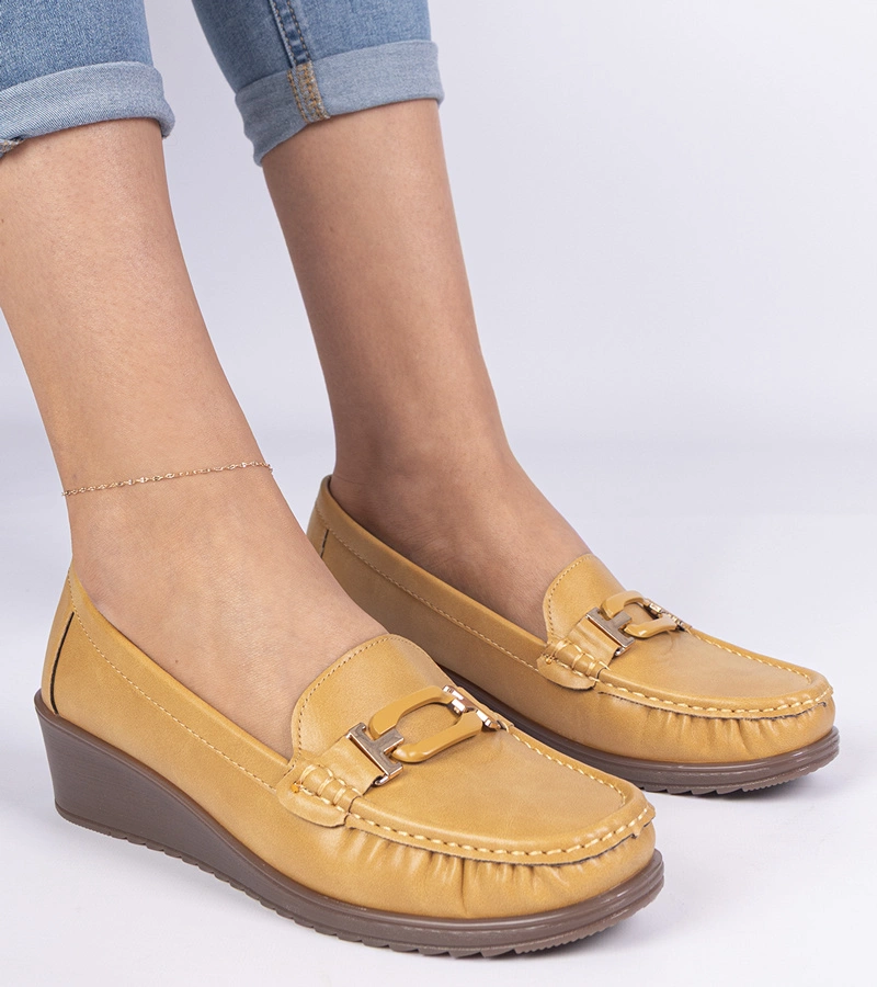 Mocasini galbeni de damă pe pană din piele ecologică Kappi