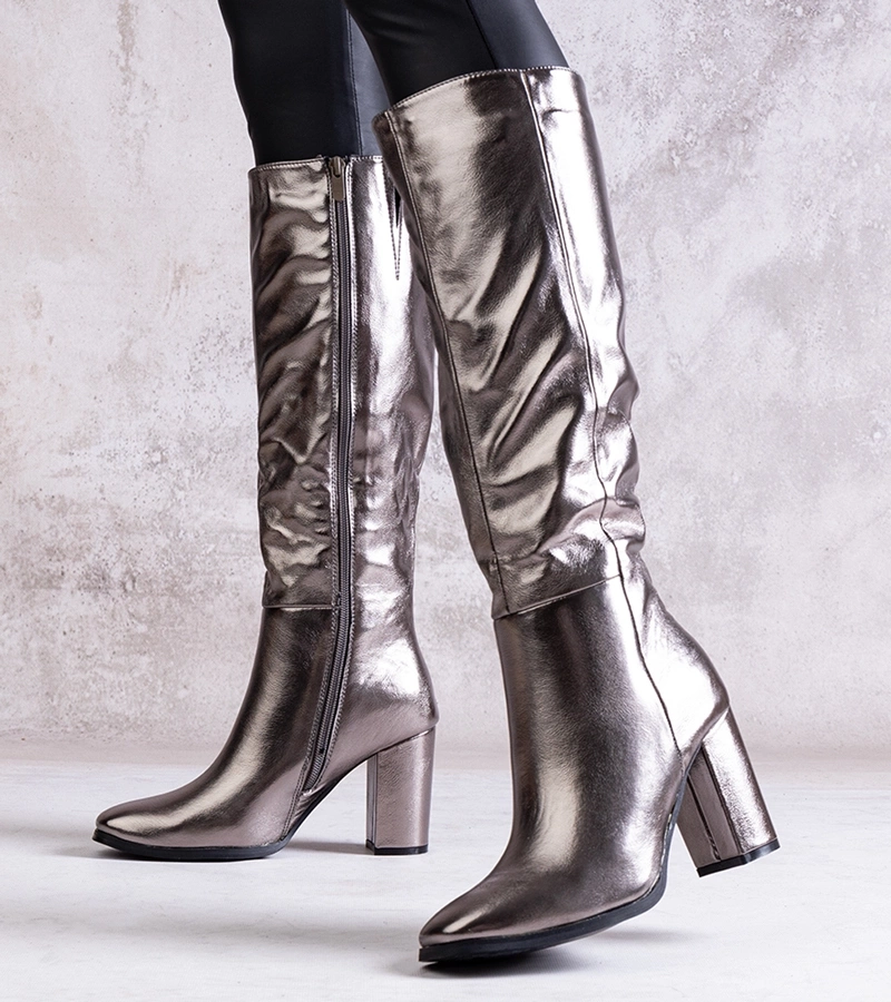 Cizme argintii cu toc din piele ecologică Toume.