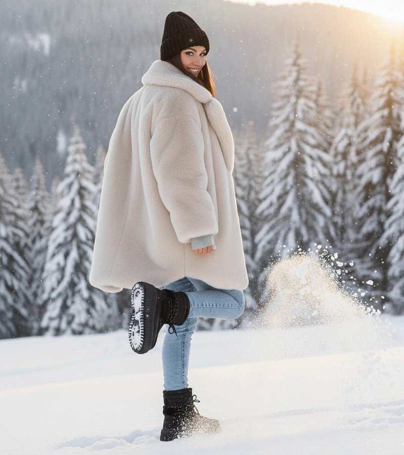 Cizme de zăpadă negre pe platformă cu blăniță cu șireturi Lydia